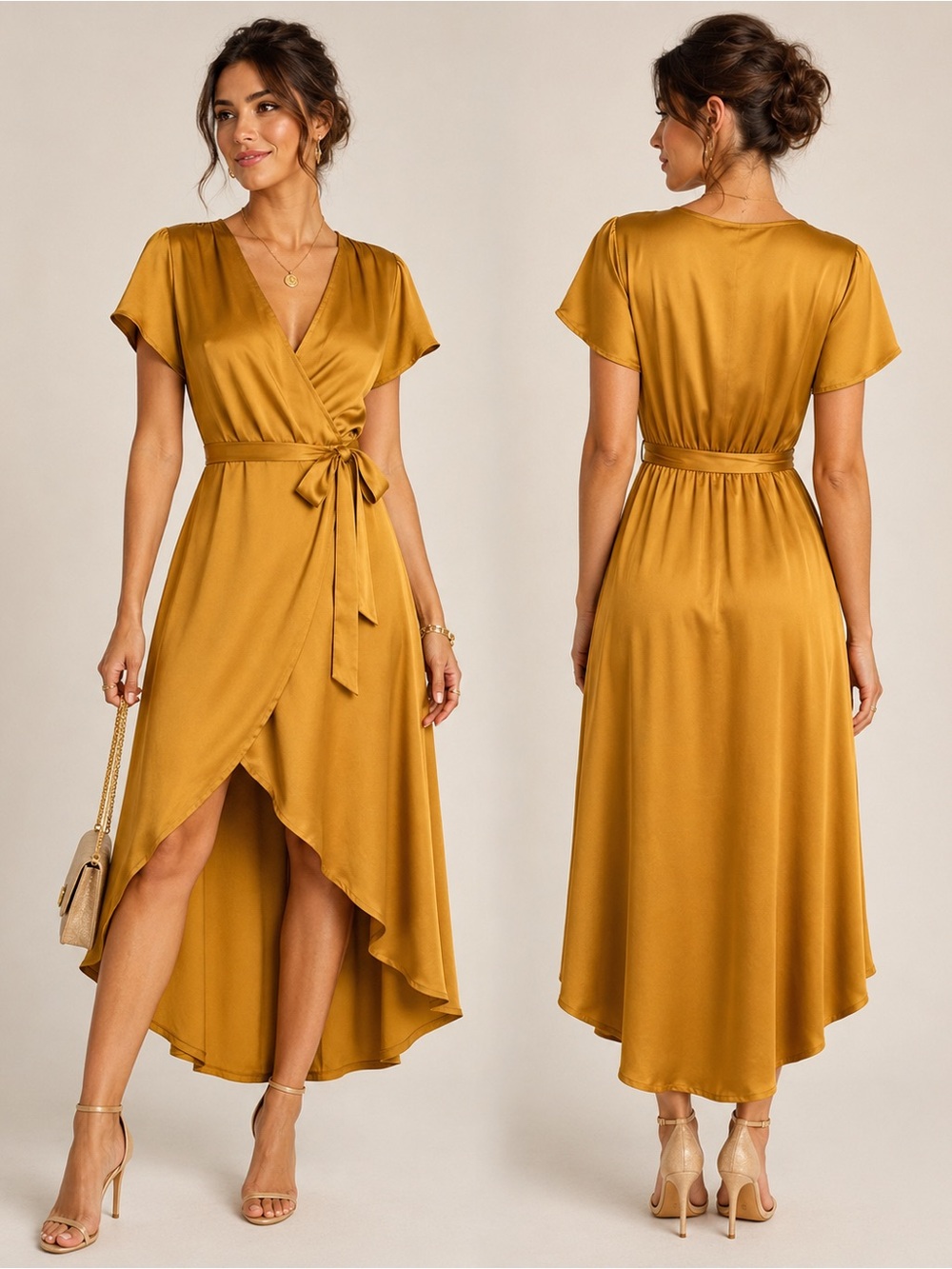 NWT Missguided Mustard Satin Wrap Front Ruffle Midi Dress US 2